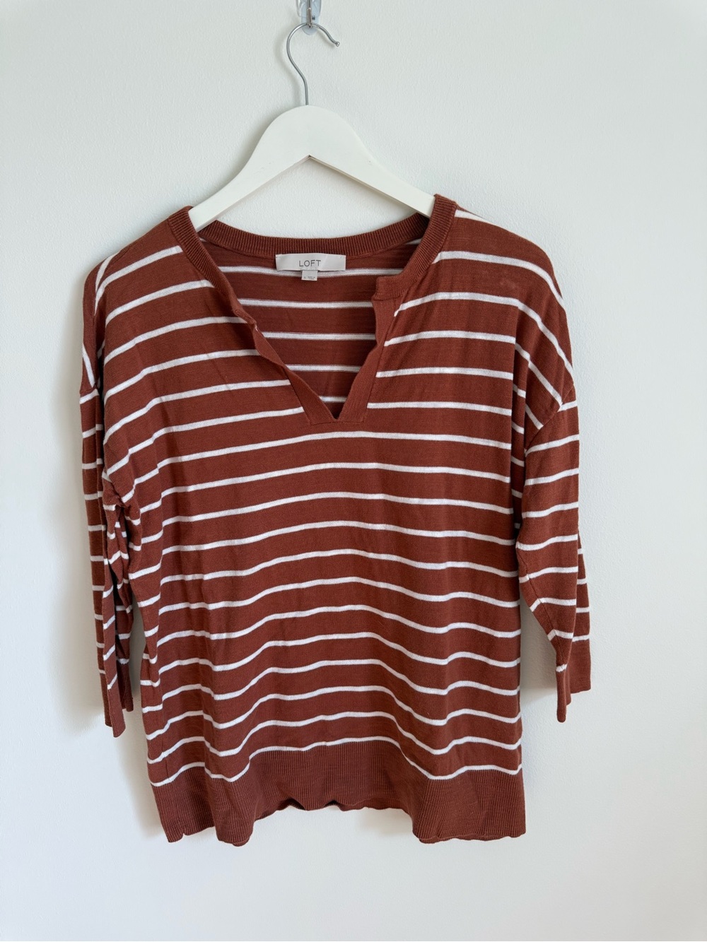 LOFT Rust and White Striped Crewneck Sweater